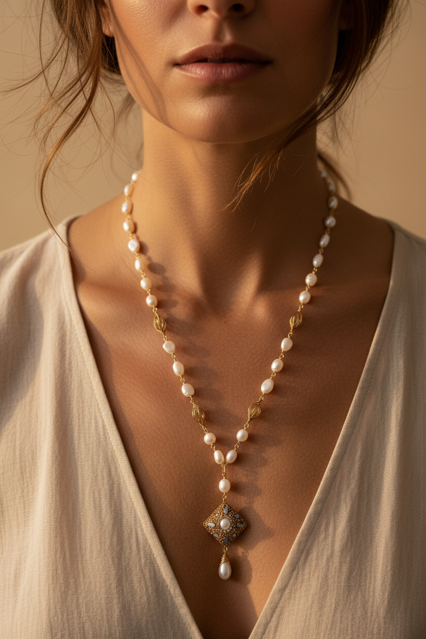 Celestial Pearl Drop Necklace Editorial