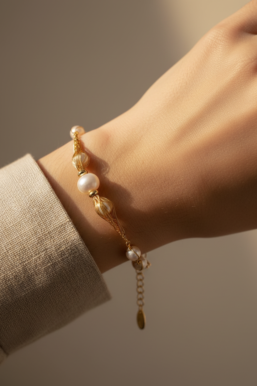 Golden Spiral Pearl Bracelet — Luxury Editorial